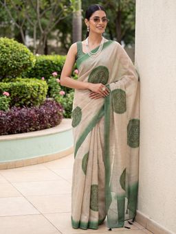 Akhilam - Womens Cotton Silk Beige Printed Saree