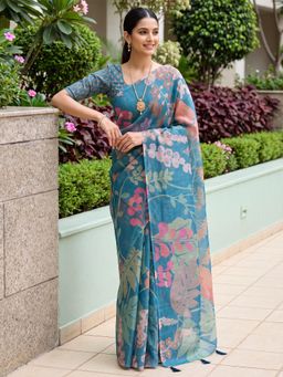 Akhilam - Womens Cotton Silk Teal Printed Saree