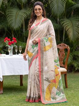 Akhilam - Womens Cotton Silk Off White Printed Saree