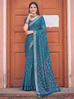Akhilam - Womens Cotton Linen Teal Printed Saree