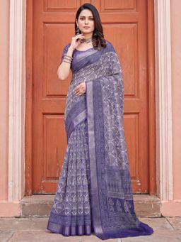 Akhilam - Womens Cotton Linen Purple Printed Saree