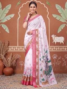 Akhilam - Womens Cotton Linen White Printed Saree