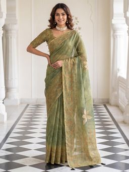 Akhilam - Womens Cotton Silk Olive Printed Saree