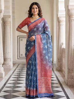 Akhilam - Womens Cotton Silk Blue Printed Saree