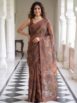 Akhilam - Womens Cotton Silk Brown Printed Saree