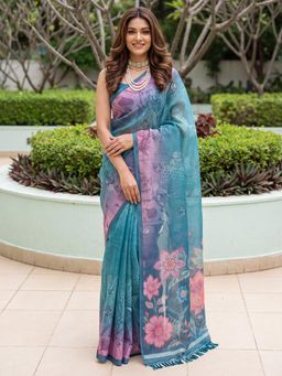 Akhilam - Womens Cotton Silk Teal Printed Saree