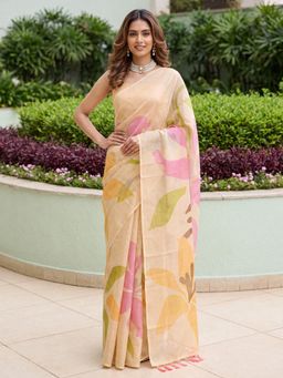 Akhilam - Womens Cotton Silk Beige Printed Saree