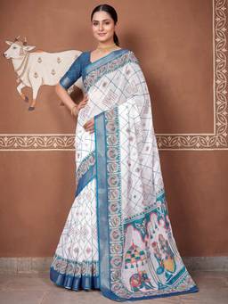 Akhilam - Womens Cotton Linen White Printed Saree