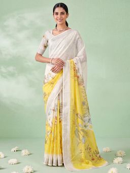 Akhilam - Womens Cotton Linen Off White Printed Saree