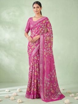 Akhilam - Womens Cotton Linen Pink Printed Saree