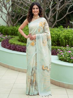 Akhilam - Womens Cotton Silk Green Printed Saree