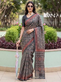 Akhilam - Womens Cotton Silk Black Printed Saree