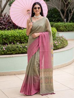 Akhilam - Womens Cotton Silk Olive Printed Saree