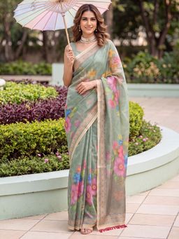 Akhilam - Womens Cotton Silk Green Printed Saree