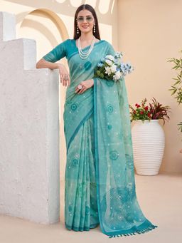 Akhilam - Womens Cotton Silk Turquoise Printed Saree
