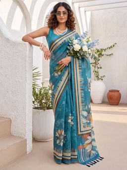 Akhilam - Womens Cotton Silk Blue Printed Saree