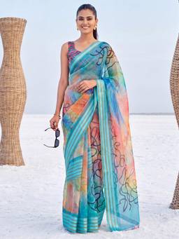 Akhilam - Womens Organza Multi-Colour Printed Saree