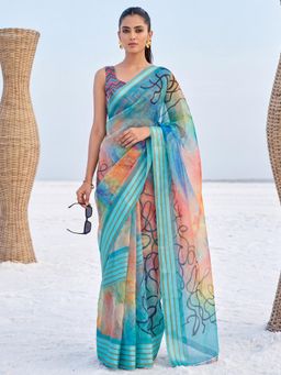 Akhilam - Womens Organza Multi-Colour Printed Saree