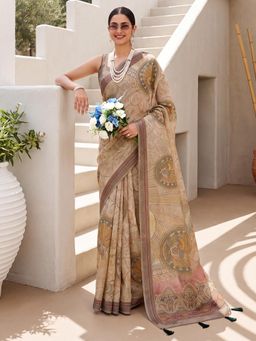 Akhilam - Womens Cotton Silk Beige Printed Saree
