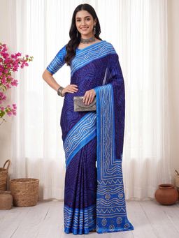 Akhilam - Womens Satin Navy Blue Printed Saree