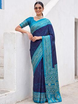 Akhilam - Womens Satin Navy Blue Printed Saree