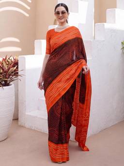 Akhilam - Womens Satin Brown Printed Saree