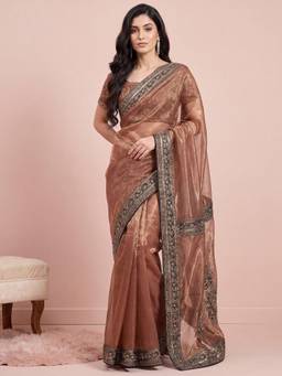 Akhilam - Womens Net Brown Solid Saree