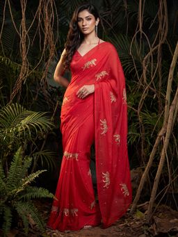 Akhilam - Womens Satin Red Embroidered Saree