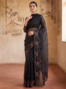 Akhilam - Womens Organza Black Embroidered Saree