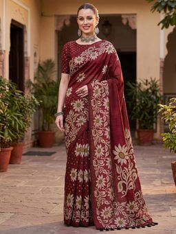 Akhilam - Womens Cotton Slub Maroon Printed Saree