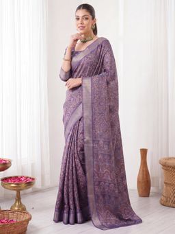 Akhilam - Womens Silk Blend Purple Printed Saree