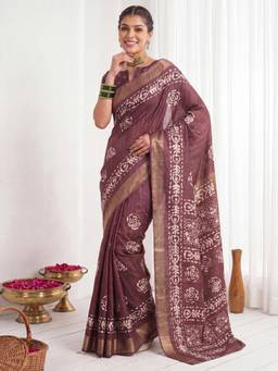Akhilam - Womens Silk Blend Brown Printed Saree