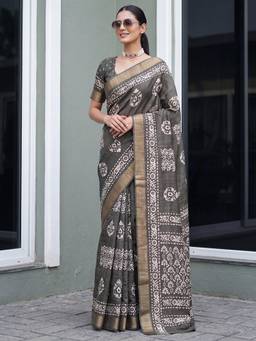 Akhilam - Womens Silk Blend Charcoal Printed Saree
