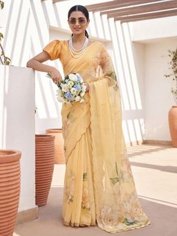 Akhilam - Womens Organza Yellow Printed Saree