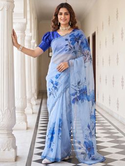 Akhilam - Womens Organza Blue Printed Saree