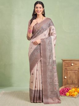 Akhilam - Womens Silk Beige Printed Saree