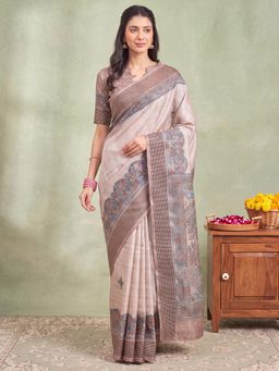 Akhilam - Womens Silk Beige Printed Saree