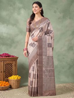 Akhilam - Womens Silk Beige Printed Saree