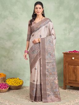 Akhilam - Womens Silk Beige Printed Saree