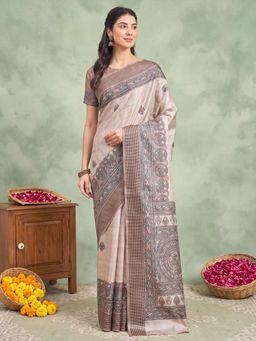 Akhilam - Womens Silk Beige Printed Saree