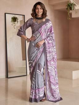 Akhilam - Womens Crepe Grey Printed Saree