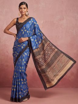 Akhilam - Womens Satin Blue Printed Saree