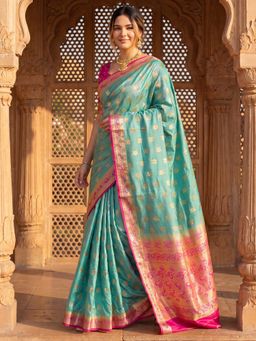 Akhilam - Womens Silk Blend Teal Handloom Saree