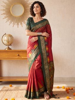 Akhilam - Womens Tussar Silk Red Handloom Saree