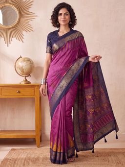 Akhilam - Womens Tussar Silk Magenta Handloom Saree