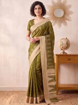 Akhilam - Womens Tussar Silk Olive Handloom Saree