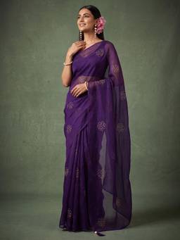 Akhilam - Womens Satin Purple Embellished Saree