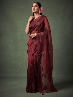 Akhilam - Womens Satin Maroon Embellished Saree