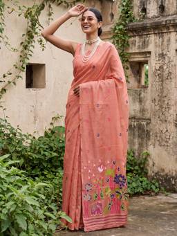 Akhilam - Womens Cotton Orange Handloom Saree