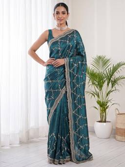 Akhilam - Womens Satin Teal Embroidered Saree